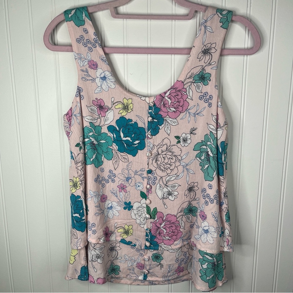 Willow Root Pink Floral Button Front Peplum Tank Scoop Neck Sleeveless Boho Top - Picture 2 of 4